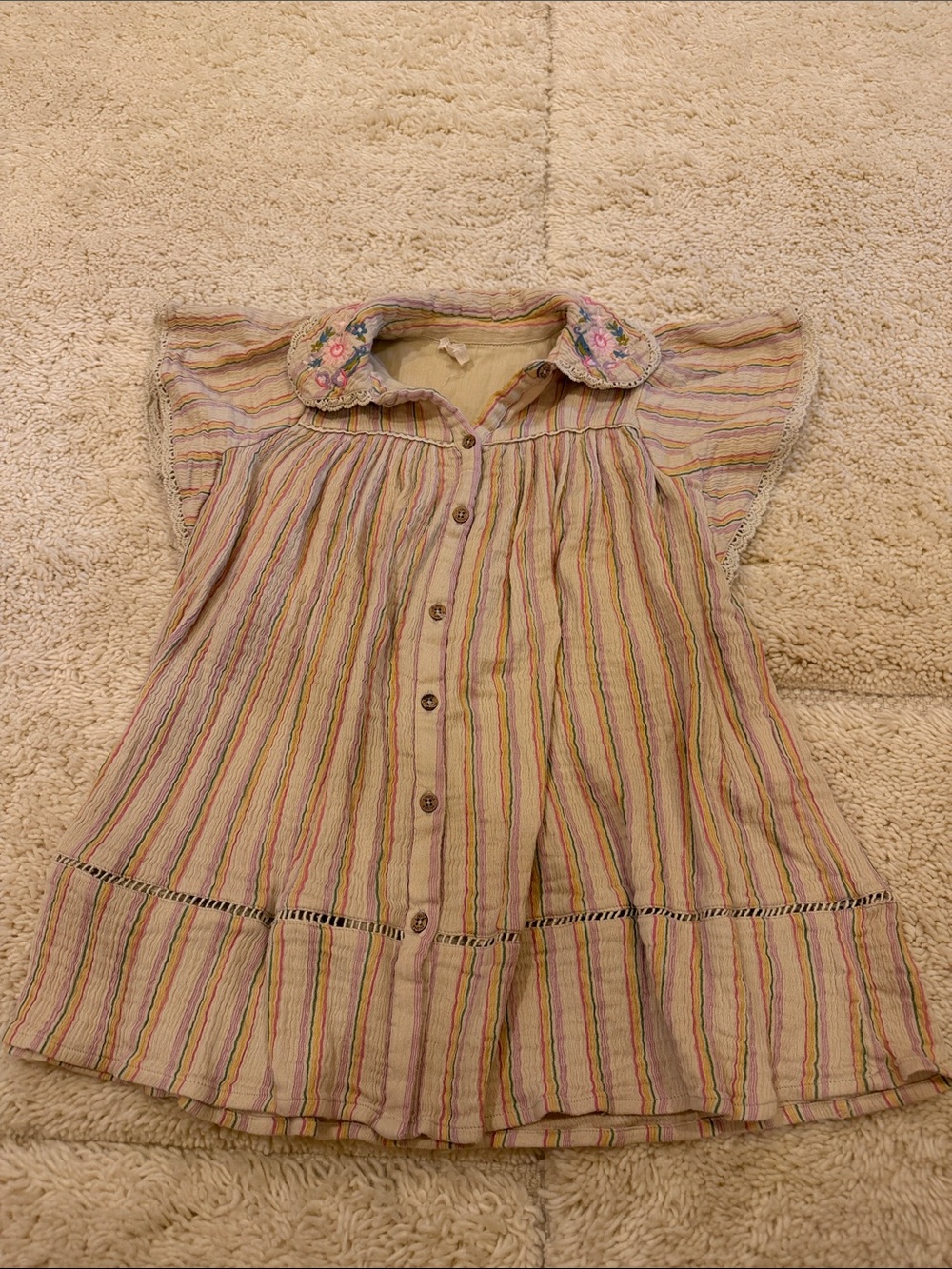 Louise Misha Girls' Cream Multicolor Striped Button-Front Dress